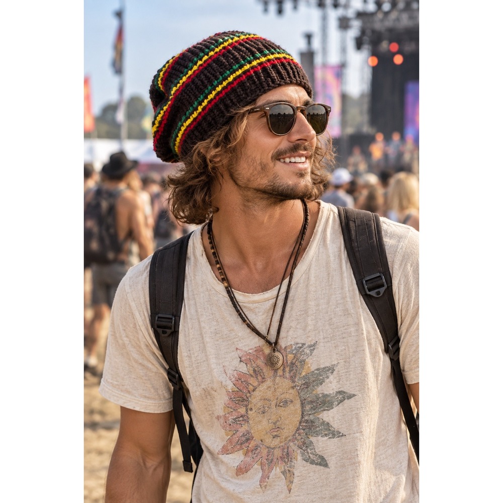 Rasta Striped Knit Beanie Brown Red Yellow Green Slouchy Boho Skull Cap Hat